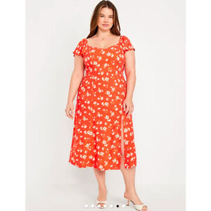 NWT Old Navy Milkmaid Smocked Dress Womens XXL Red-Orange Floral Cottage Peasant